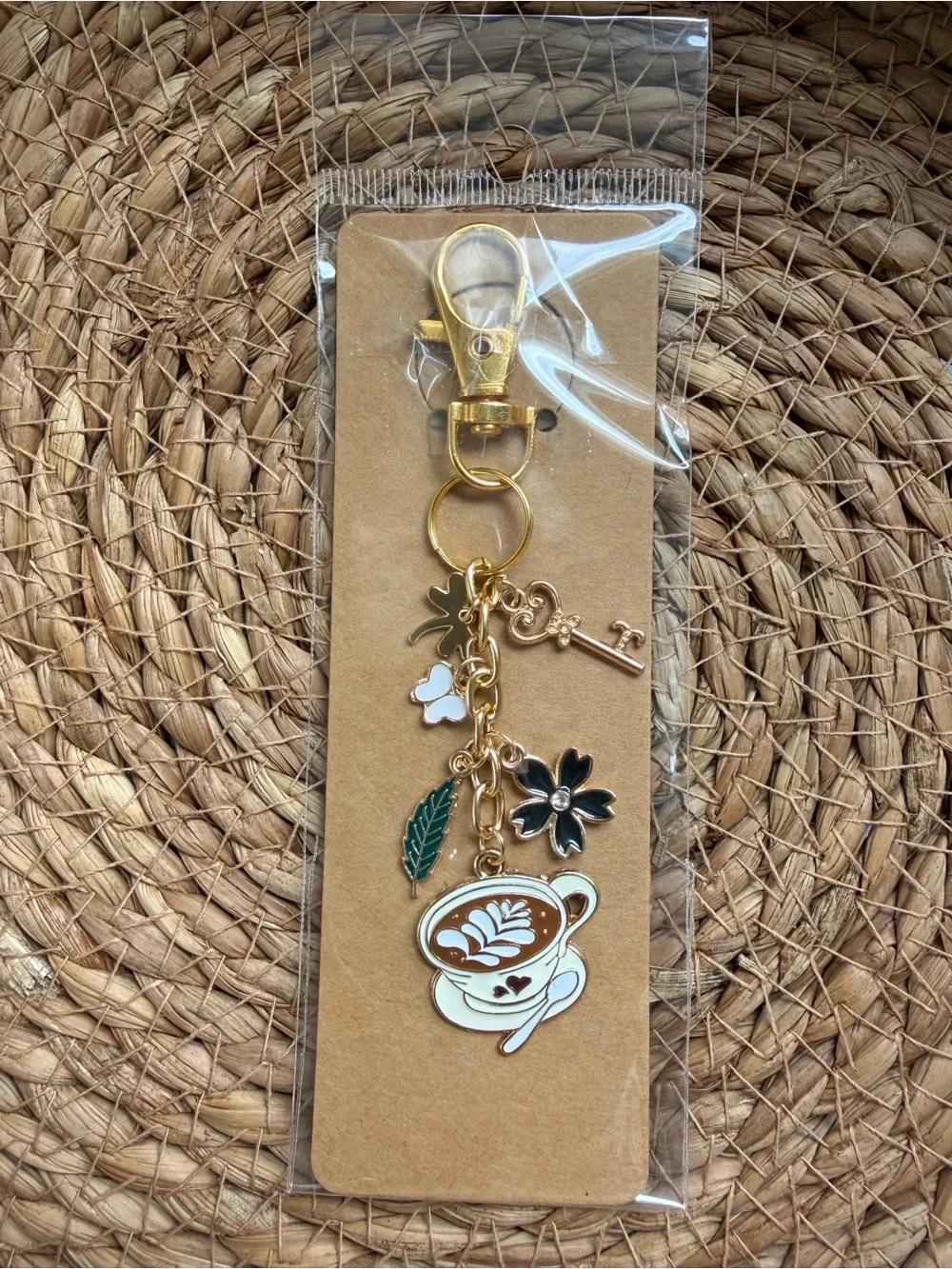 Gold-Tone Coffee Cup Charm Keychain with Beige & Green Accents